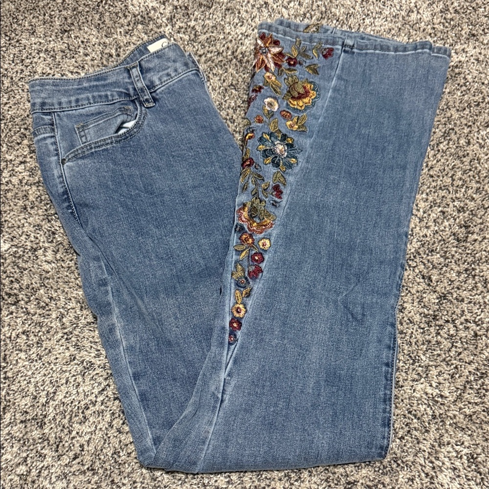 CHARLIE B Blue Denim Flare Jeans with Floral Embroidery